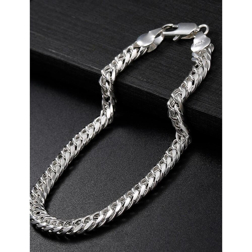 925 Stamped High Shine Silver Tone 6MM Geometry Link Bracelet 20cm